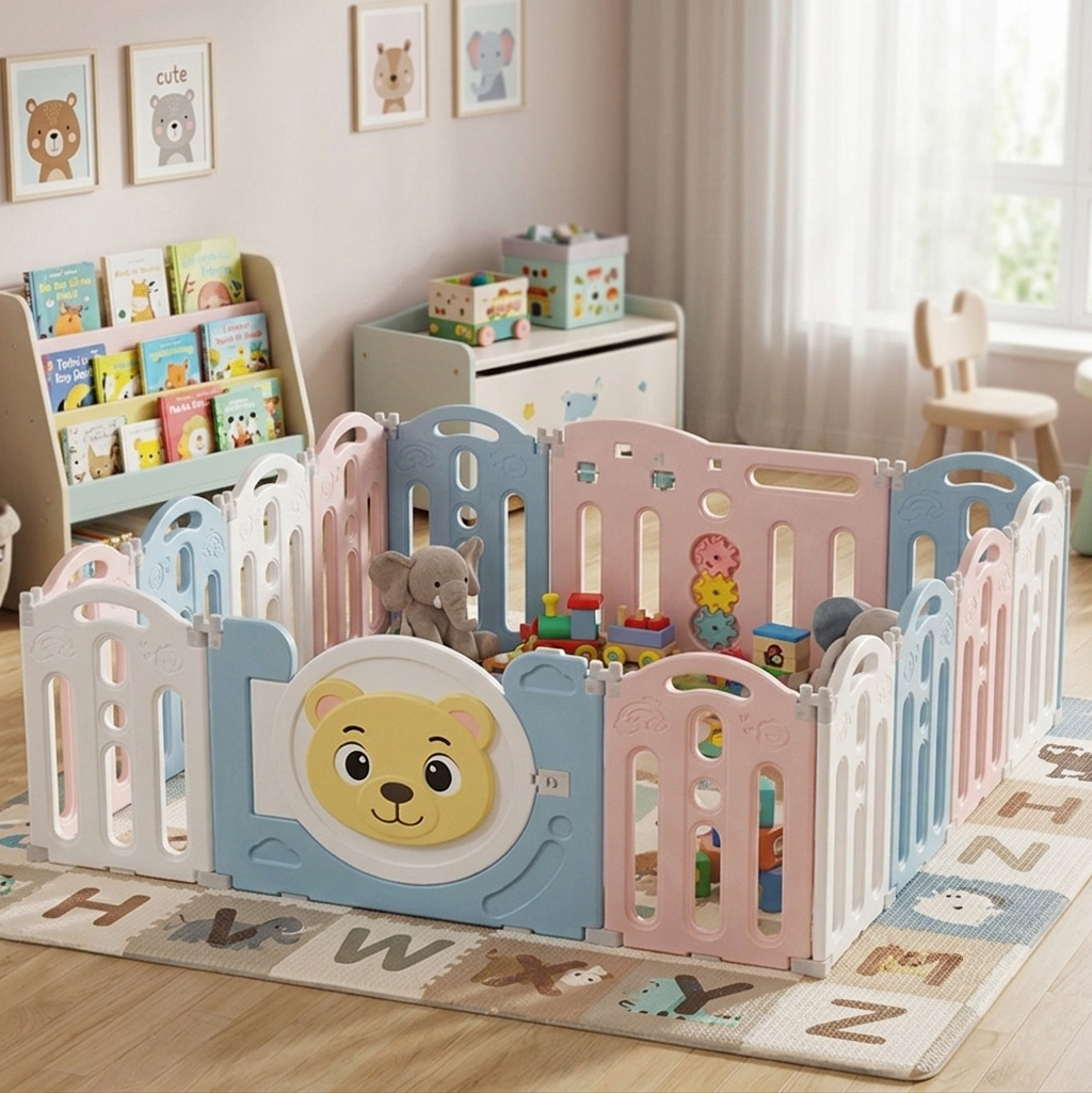 PLAYJOY Kojec modułowy dla dzieci zagroda dla dziecka suchy basen składany wielokolorowy zestaw 12+2 153cm - obrazek 4