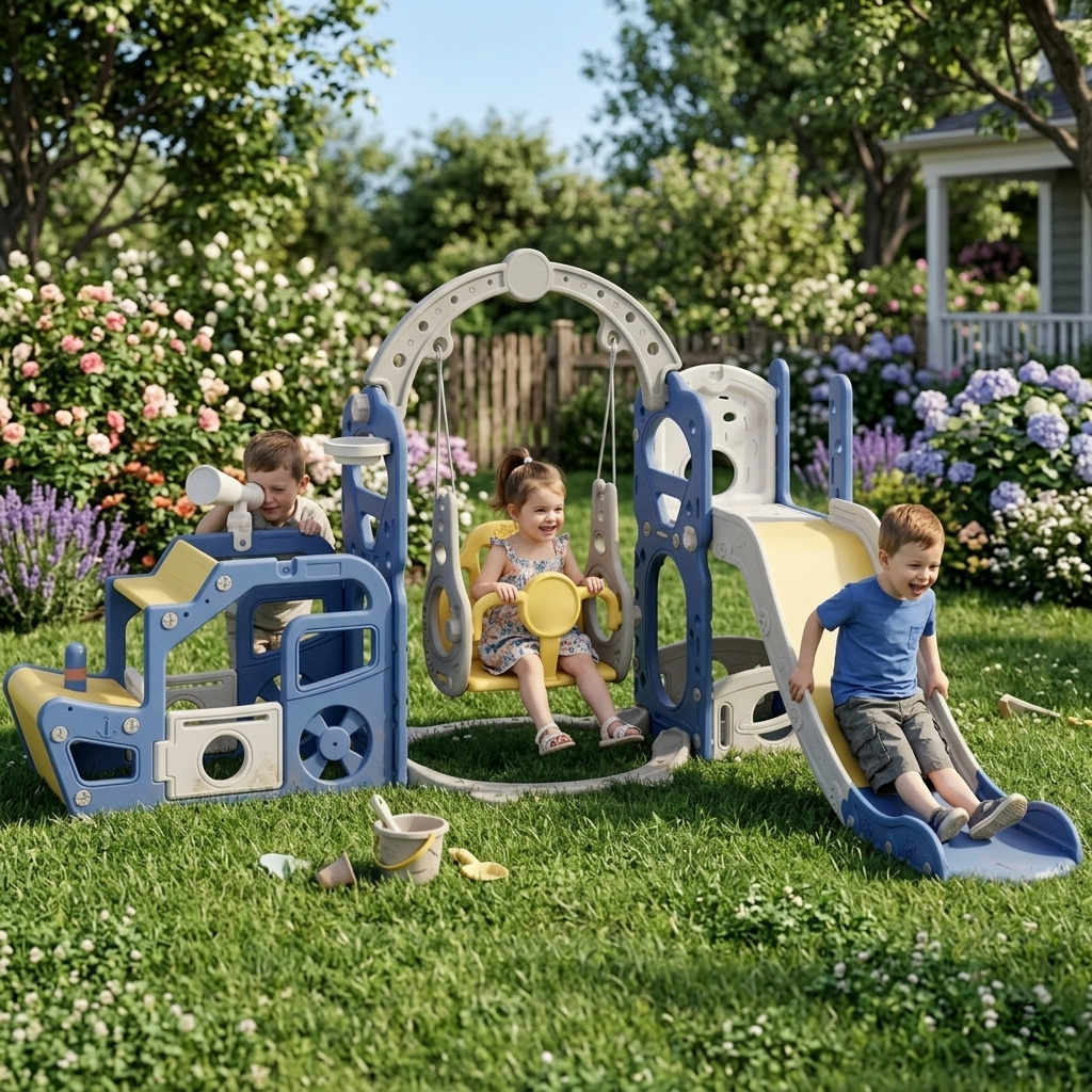 PLAYJOY Zjeżdżalnia dla dzieci huśtawka domowa ogrodowa wolnostojąca wielokolorowa akcesoria zestaw 220cm - obrazek 4