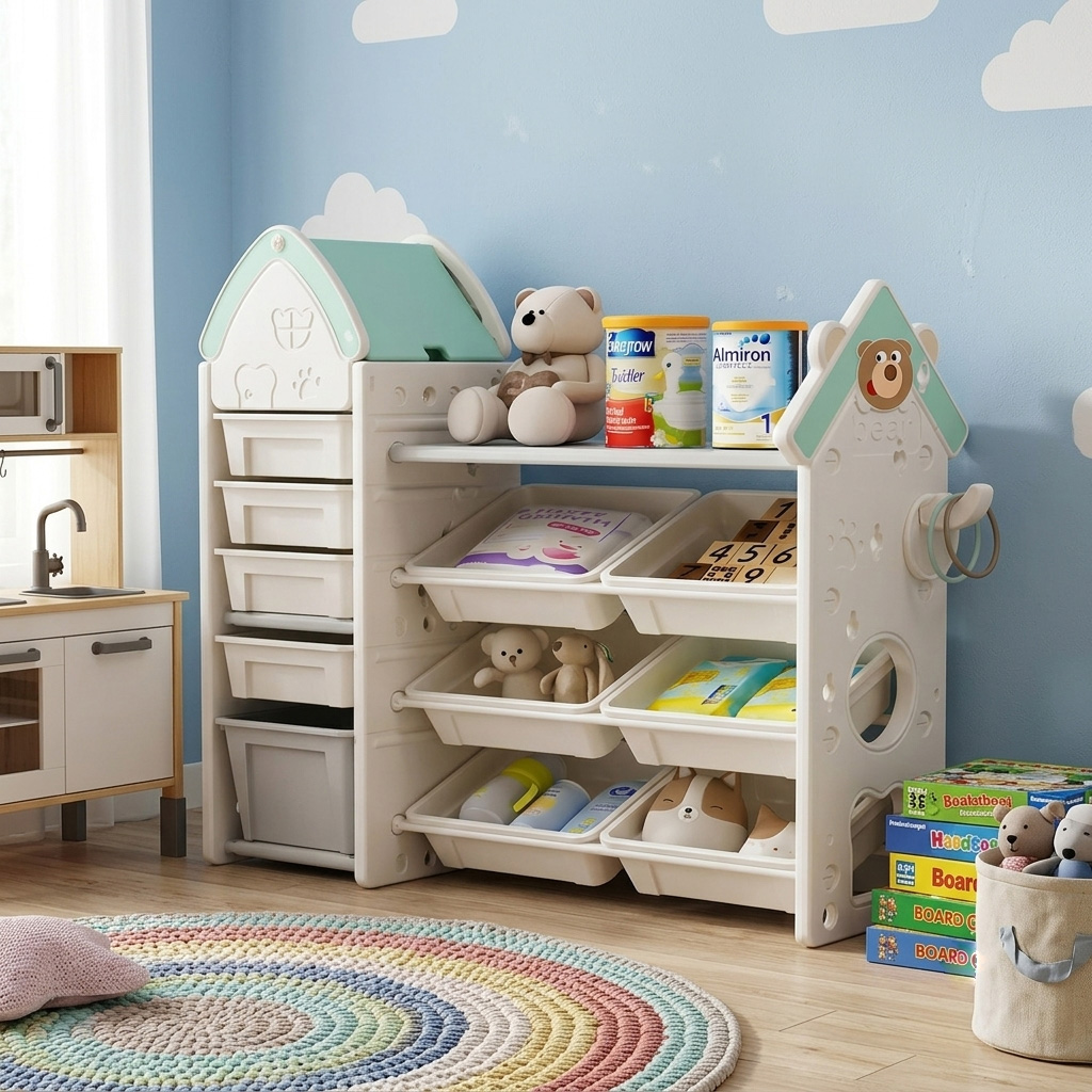 PLAYJOY Regał na zabawki książki organizer pojemnik domek dziecięcy dla dziecka wielopoziomowy 121cm - obrazek 3