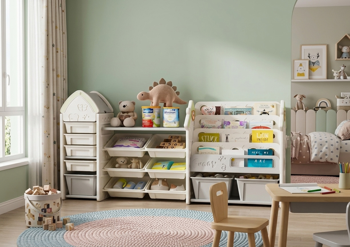 PLAYJOY Regał na zabawki książki organizer pojemnik domek dziecięcy dla dziecka wielopoziomowy zestaw 196cm - obrazek 2