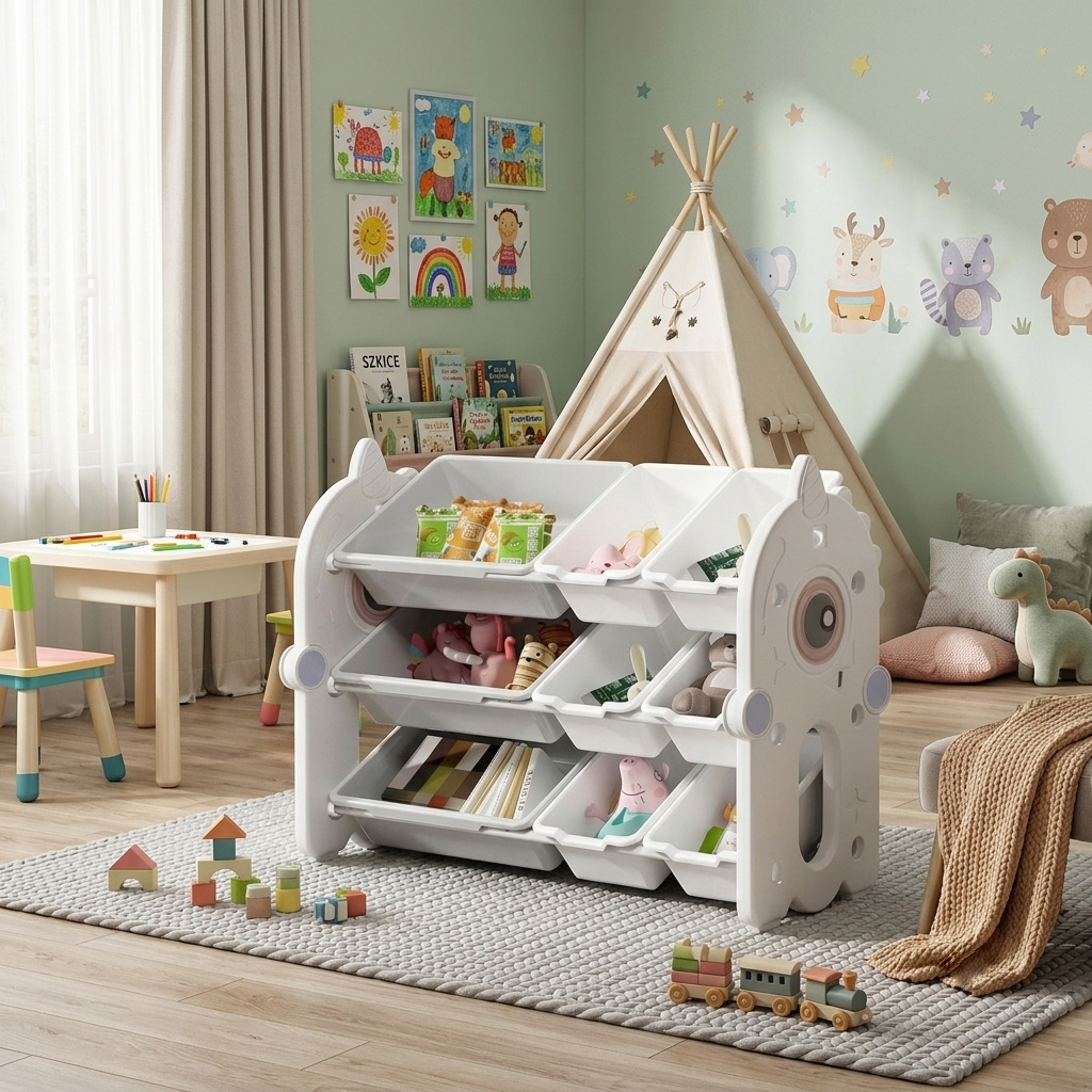 PLAYJOY Regał na zabawki książki organizer pojemnik domek dziecięcy dla dziecka wielopoziomowy zestaw 84cm - obrazek 3