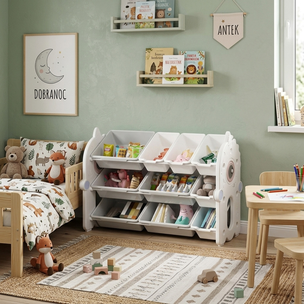 PLAYJOY Regał na zabawki książki organizer pojemnik domek dziecięcy dla dziecka wielopoziomowy zestaw 105cm - obrazek 3