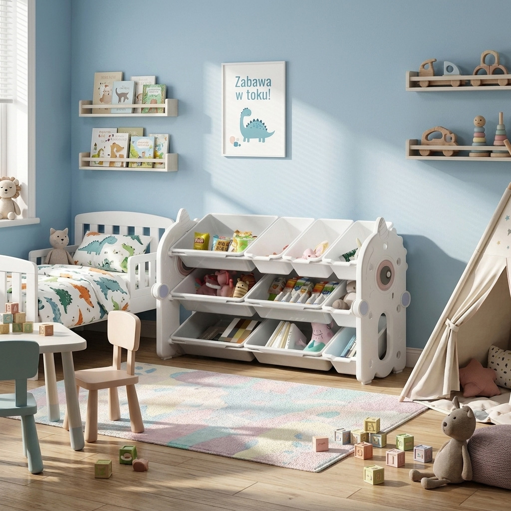 PLAYJOY Regał na zabawki książki organizer pojemnik domek dziecięcy dla dziecka wielopoziomowy zestaw 105cm - obrazek 2