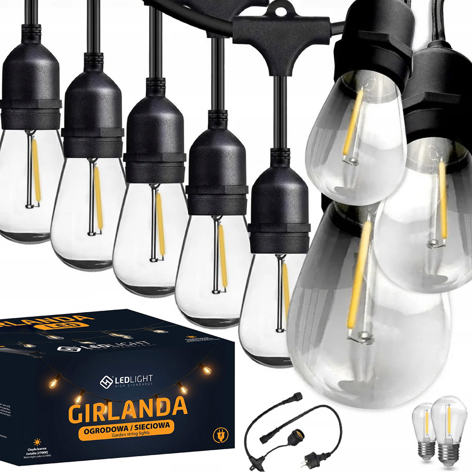 LEDLIGHT Girlanda ogrodowa sieciowa lampki ogrodowe żarówki E27 wymienne wiszące 15m