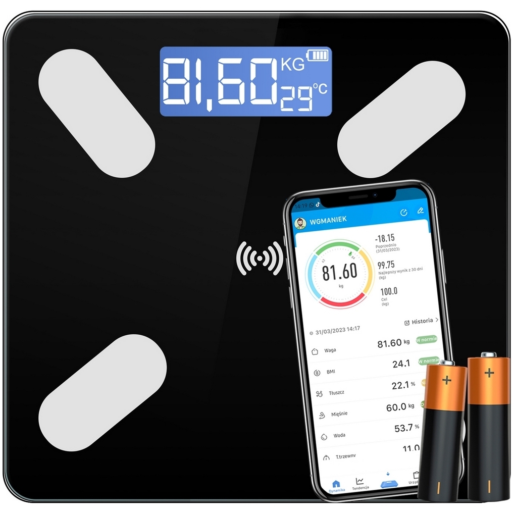 PLUGX Inteligentna waga łazienkowa smart szklana + baterie