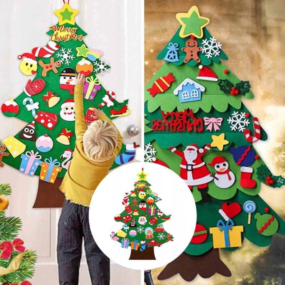 XMAS Choinka świąteczna z ozdobami na rzep dla dzieci z filcu filcowa ozdoba świąteczna 95cm - obrazek 2