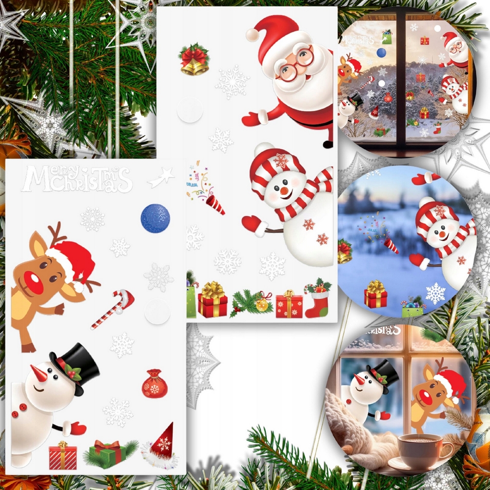XMAS Naklejki świąteczne na szybę okno ozdoba dekoracja świąteczna mikołaj święta 2 arkusze - obrazek 12