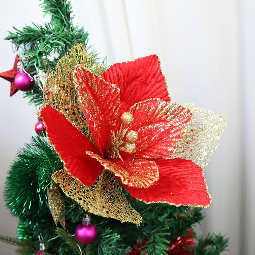 XMAS Kwiaty na stroik gwiazda betlejemska bukiet sztuczna poinsecja ozdoba świąteczna 34cm - obrazek 6