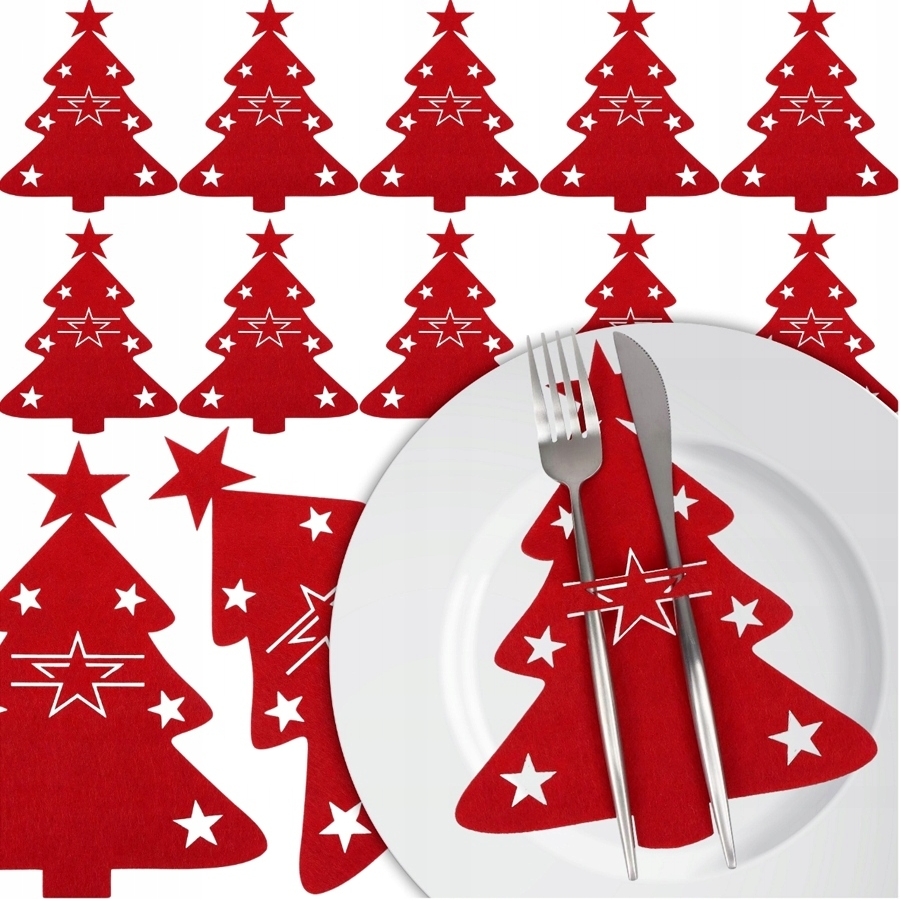 XMAS Etui na sztućce pokrowiec podkładka dekoracja na stół czerwona choinka ozdoba świąteczna 12szt