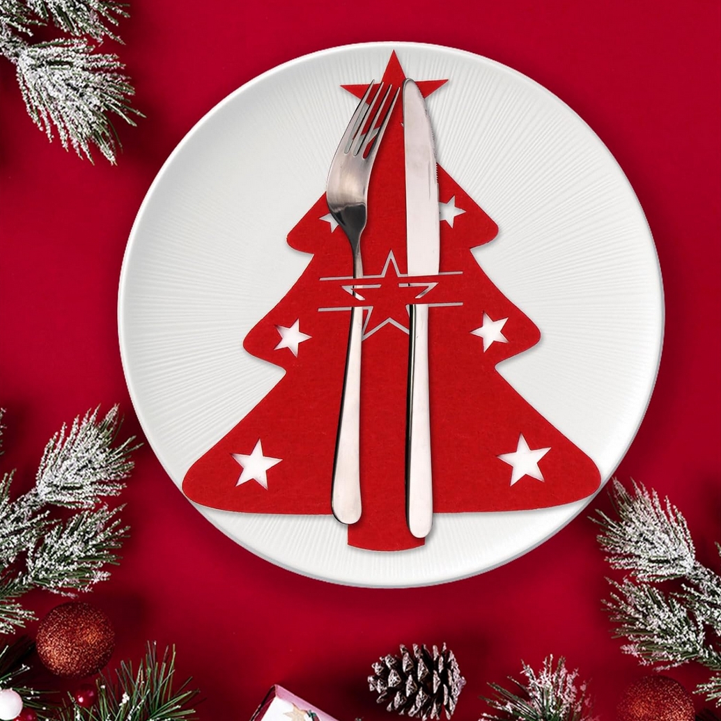XMAS Etui na sztućce pokrowiec podkładka dekoracja na stół czerwona choinka ozdoba świąteczna 12szt - obrazek 4