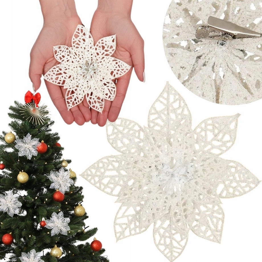 XMAS Gwiazda betlejemska biała klips sztuczne kwiaty na stroik dekoracja ozdoba świąteczna 14cm 2szt