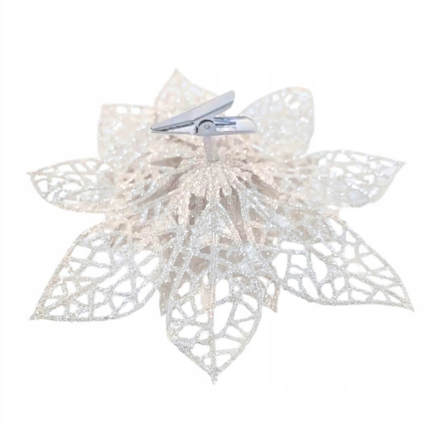 XMAS Gwiazda betlejemska biała klips sztuczne kwiaty na stroik dekoracja ozdoba świąteczna 14cm 2szt - obrazek 2