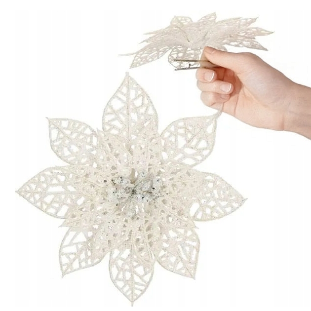 XMAS Gwiazda betlejemska biała klips sztuczne kwiaty na stroik dekoracja ozdoba świąteczna 14cm 2szt - obrazek 3