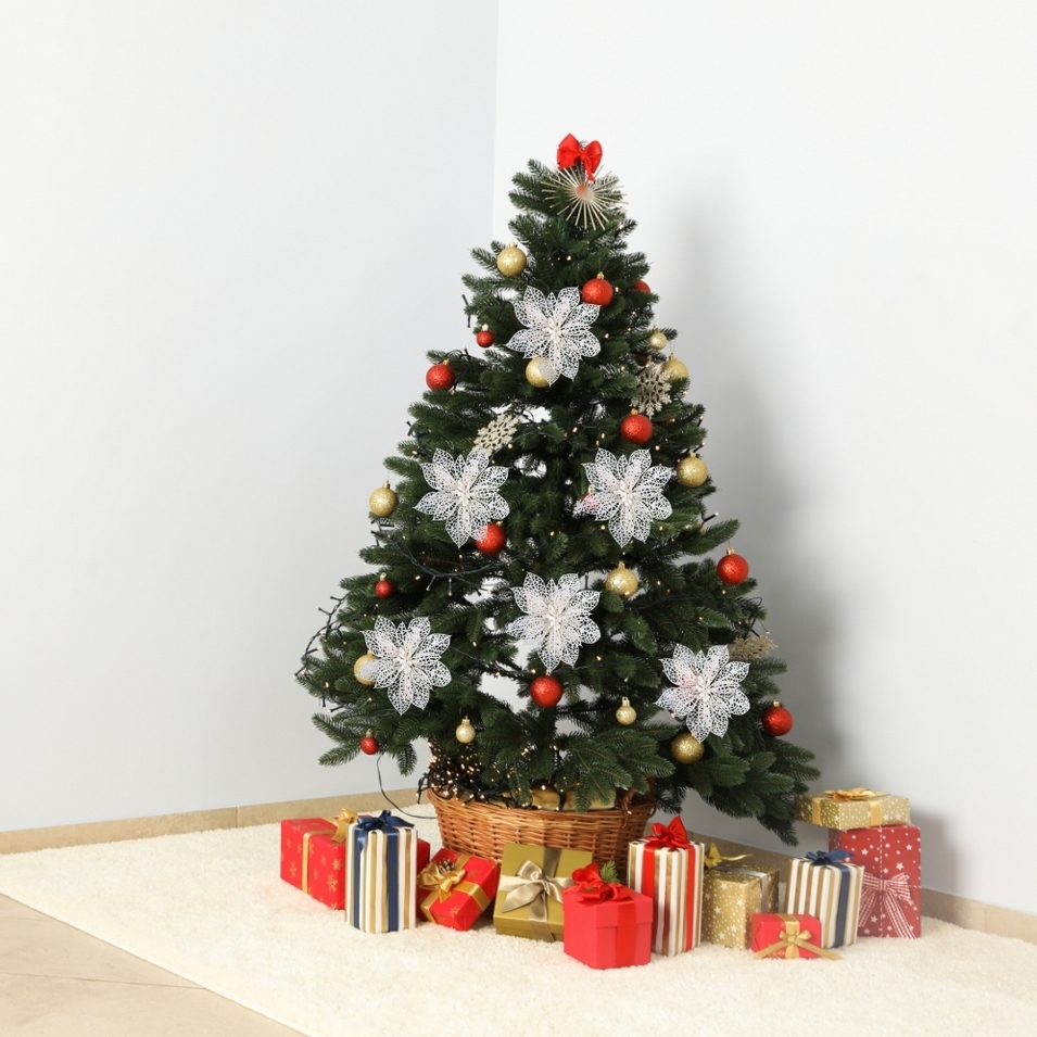 XMAS Gwiazda betlejemska biała klips sztuczne kwiaty na stroik dekoracja ozdoba świąteczna 14cm 2szt - obrazek 6