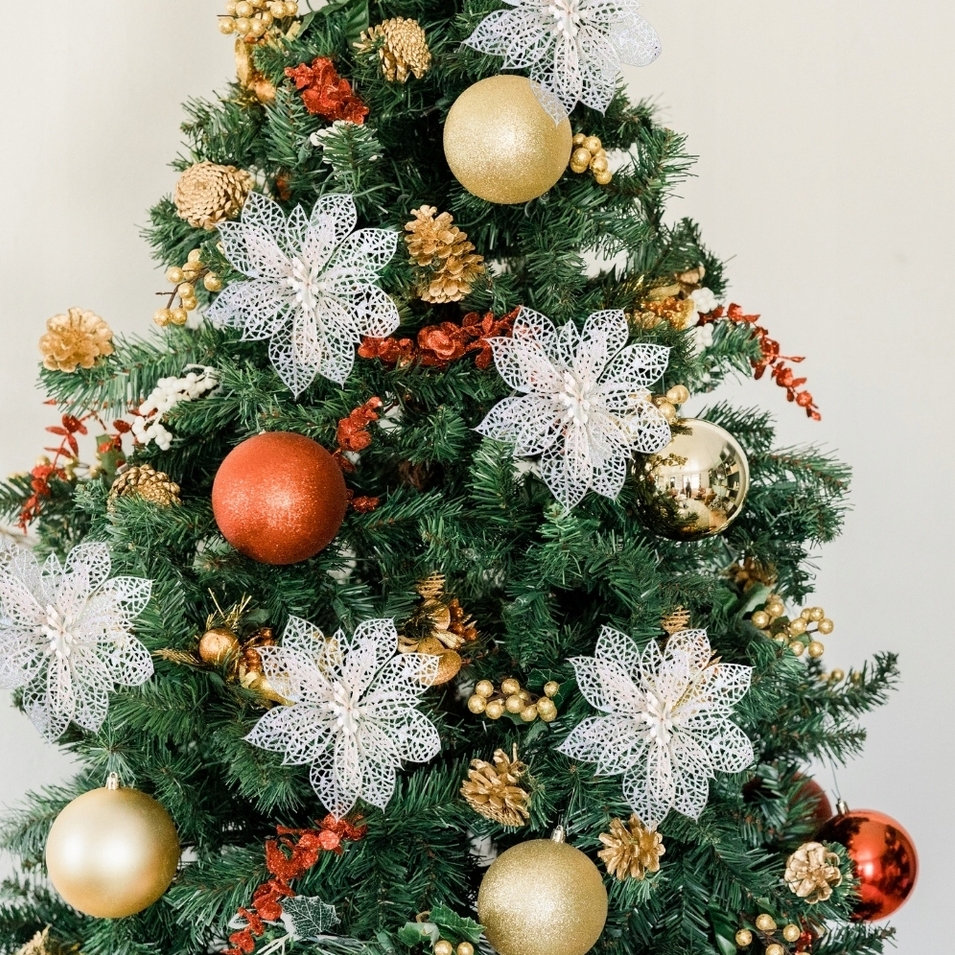 XMAS Gwiazda betlejemska biała klips sztuczne kwiaty na stroik dekoracja ozdoba świąteczna 14cm 2szt - obrazek 7