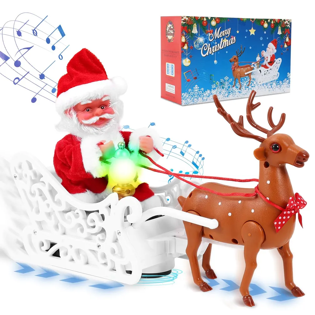 XMAS Mikołaj na saniach z reniferem ruchoma zabawka z melodyjką ozdoba świąteczna 30cm