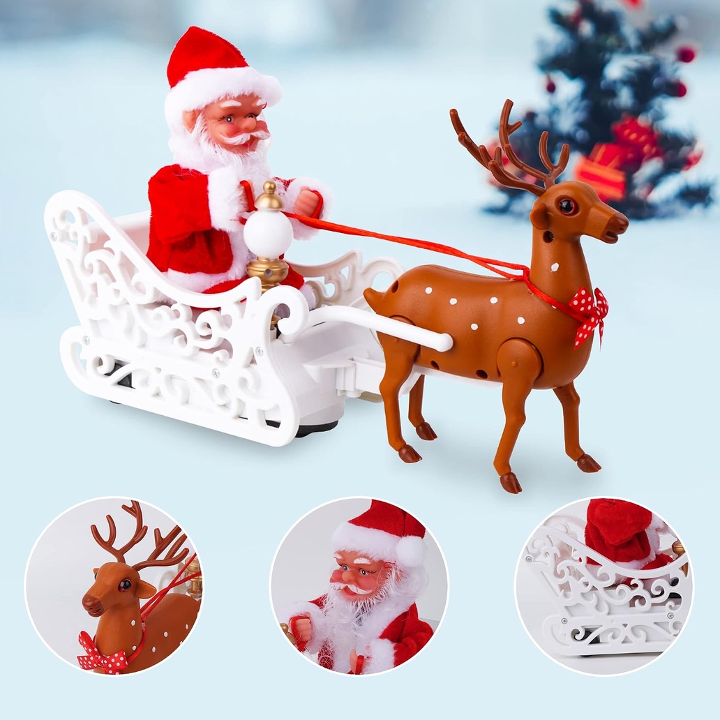 XMAS Mikołaj na saniach z reniferem ruchoma zabawka z melodyjką ozdoba świąteczna 30cm - obrazek 2