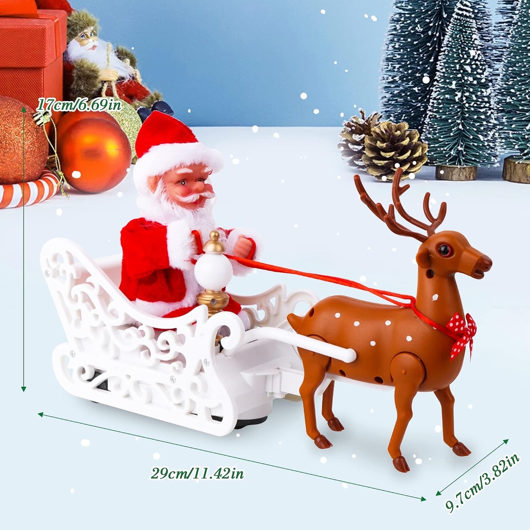 XMAS Mikołaj na saniach z reniferem ruchoma zabawka z melodyjką ozdoba świąteczna 30cm - obrazek 3
