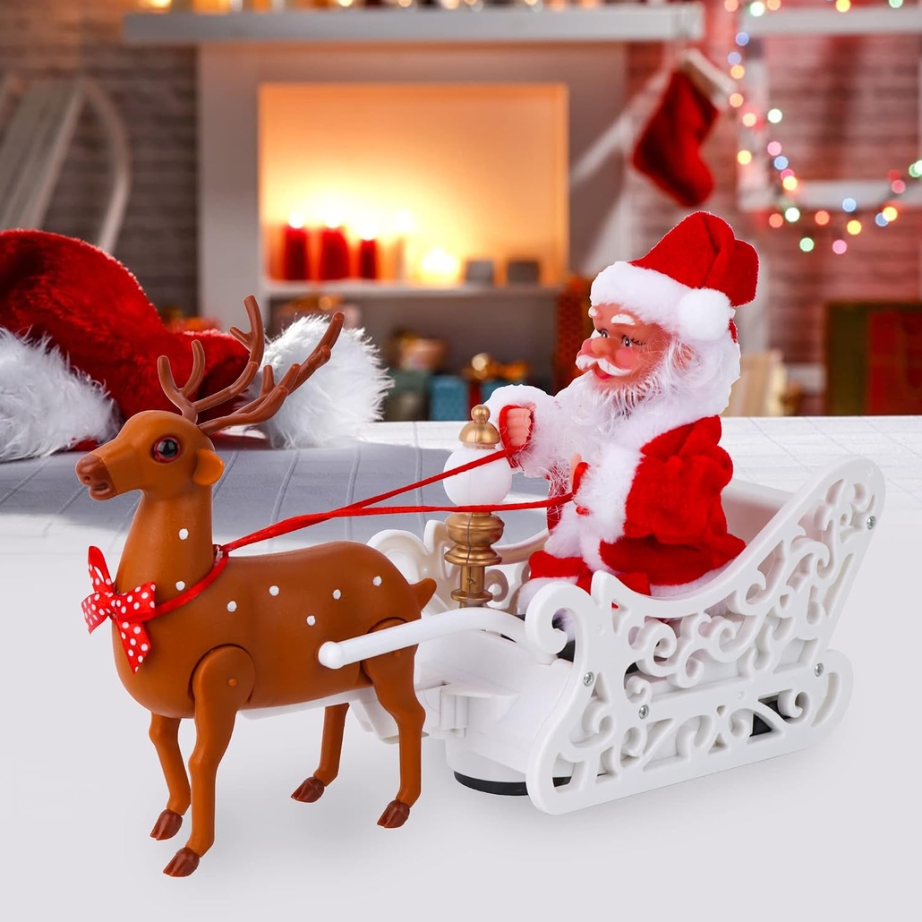 XMAS Mikołaj na saniach z reniferem ruchoma zabawka z melodyjką ozdoba świąteczna 30cm - obrazek 5
