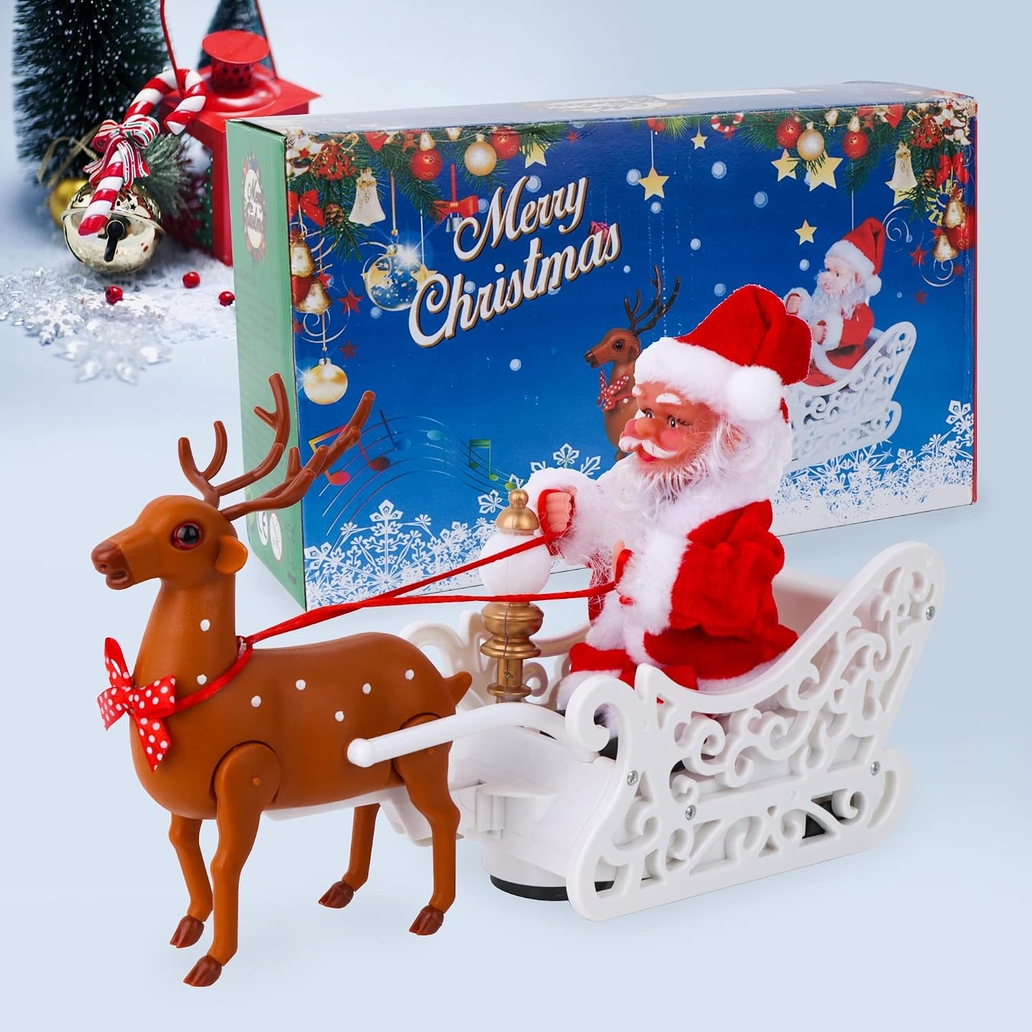 XMAS Mikołaj na saniach z reniferem ruchoma zabawka z melodyjką ozdoba świąteczna 30cm - obrazek 6