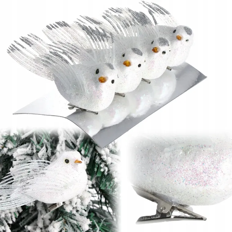 XMAS Ptaszki dekoracyjne białe z klipsem na choinkę stroik ozdoba świąteczna zestaw 4szt