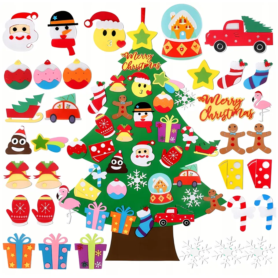 XMAS Choinka świąteczna z ozdobami na rzep dla dzieci z filcu filcowa ozdoba świąteczna 95cm