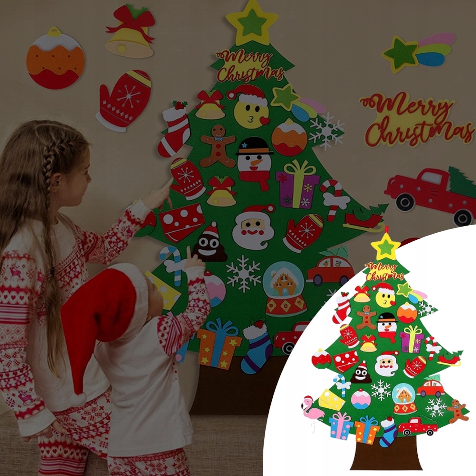 XMAS Choinka świąteczna z ozdobami na rzep dla dzieci z filcu filcowa ozdoba świąteczna 95cm - obrazek 5