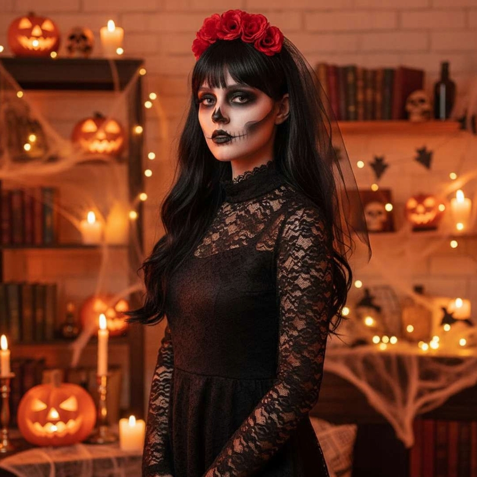 Czarny welon z różami opaska halloween kostium strój przebranie - obrazek 2