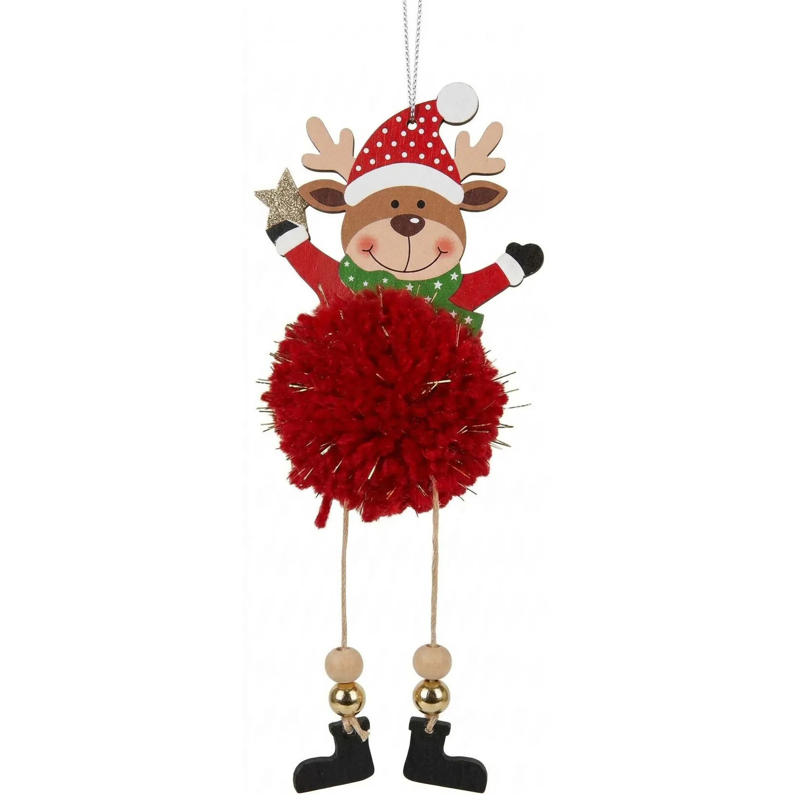 XMAS Renifer drewniany z pomponem i zawieszką dekoracja na choinkę okno ozdoba świąteczna 20cm