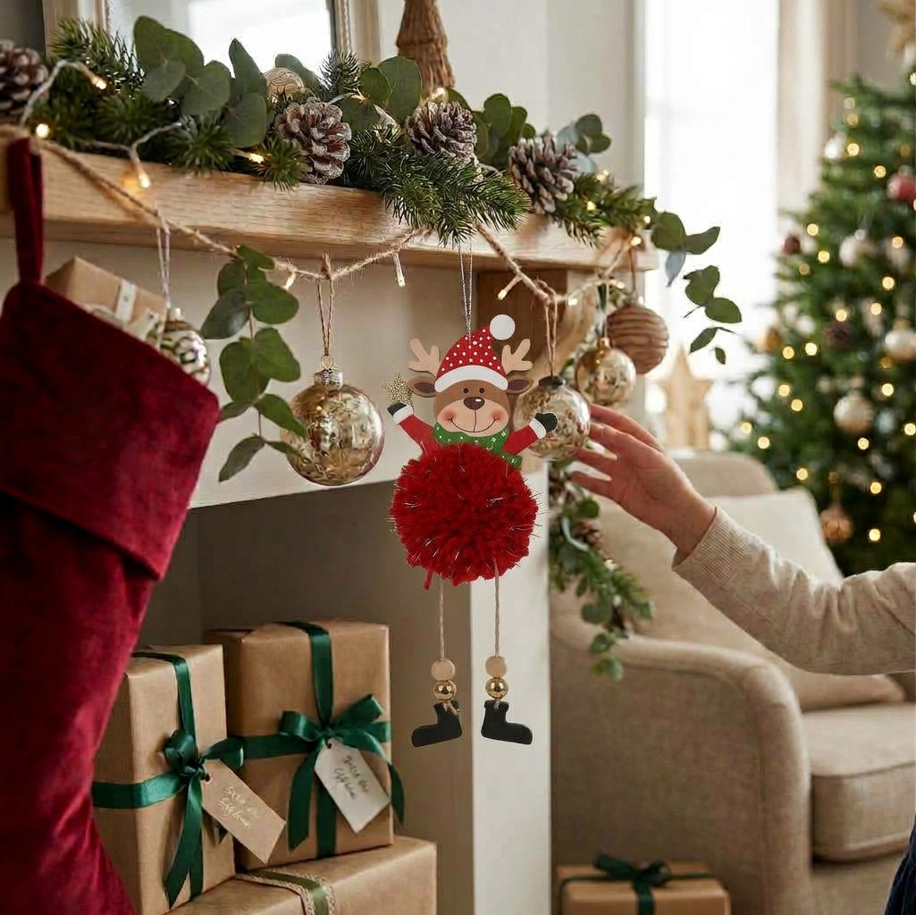 XMAS Renifer drewniany z pomponem i zawieszką dekoracja na choinkę okno ozdoba świąteczna 20cm - obrazek 2
